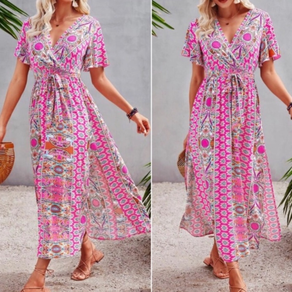Boho pink  Floral Print split thigh Maxi dress